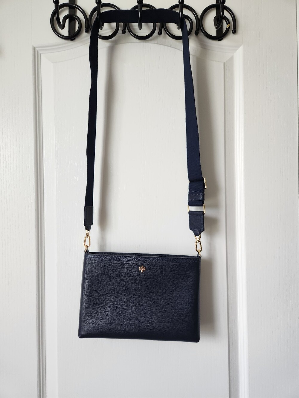 Tory Burch Navy Pebbled Leather Convertible Crossbody with Gold Hardware